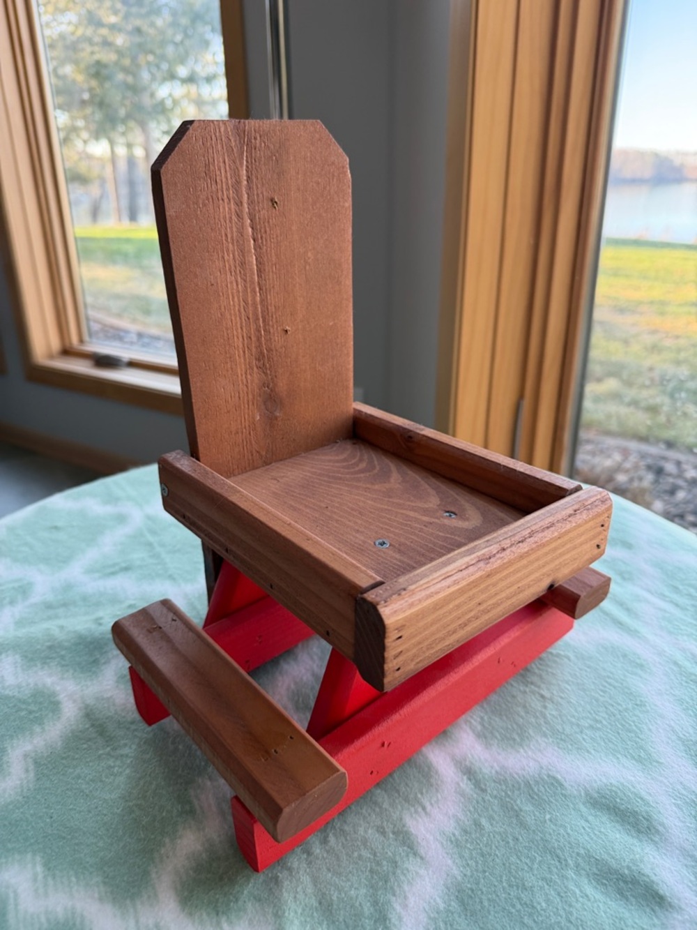 NEW bird feeder handmade wooden picnic bench style- Natural Brown & Orange Red